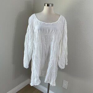 Flax Womens Plus 3G White Crinkled Linen Cotton Blend Long Sleeve Tunic Top